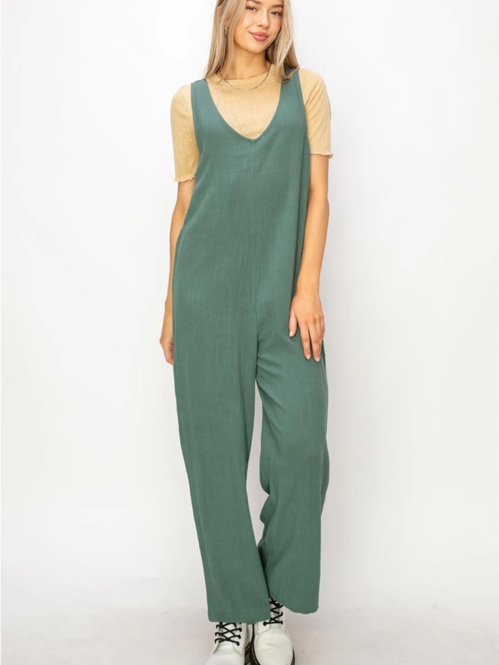 Scoop Neck Wide-Leg Jumpsuit in Forest Green